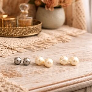 Elegant Cream & Silver Pearl Stud Earrings 3 Pair Set - Pre-loved